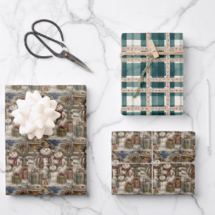 Feuille De Papier Cadeau Jolis bonshommes de neige rustiques et plaid Count