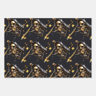 Feuille De Papier Cadeau Jolly roger crâne drapeau pirate or noir 3D