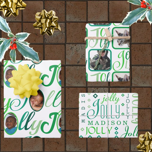 Feuille De Papier Cadeau JOLLY Script Green On White 4 Photo Christmas (Créateur téléchargé)