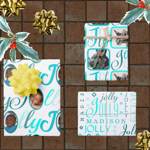 Feuille De Papier Cadeau JOLLY Script Turquoise Sur Blanc 4 Photo Noël