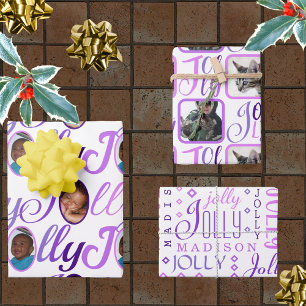 Feuille De Papier Cadeau JOLLY Script violet sur blanc 4 Photo Noël Guerre