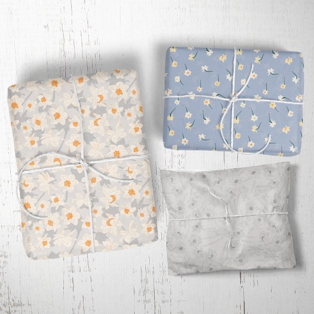 Feuille De Papier Cadeau Jonquille Florale de Printemps | Bleu et Gris (Créateur téléchargé)