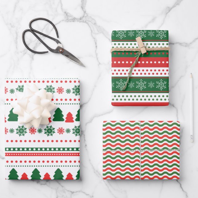 Feuille De Papier Cadeau Jote Red Green Snowflakes Motif de Noël (Recto)