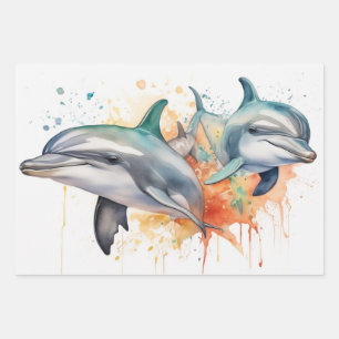 Feuille De Papier Cadeau Jouer Dauphins d'aquarelle et récif de corail