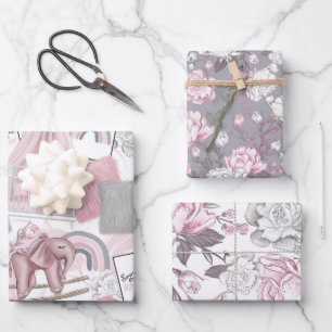 FEUILLE DE PAPIER CADEAU JOUETS DE FILLES DE BÉBÉ ROSE & GRIS COEUR FLEURS