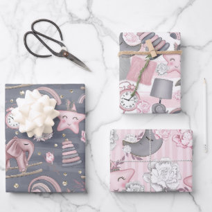 FEUILLE DE PAPIER CADEAU JOUETS DE FILLES DE BÉBÉ ROSE & GRIS COEUR FLEURS