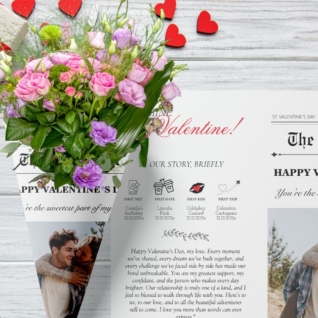 Feuille De Papier Cadeau Jour des Valentines Journal Fleur Bouquet Coeur ro (Valentines Day Newspaper Flower Bouquet Red Heart Wrapping Paper Sheets)