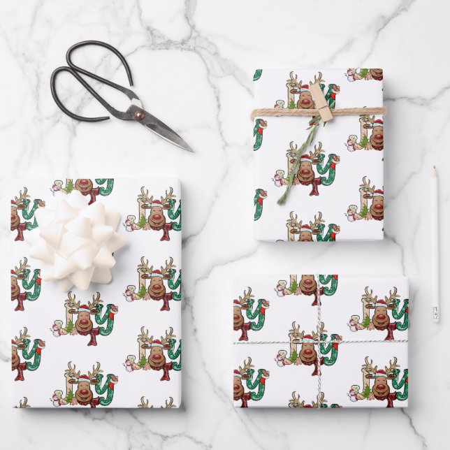 Feuille De Papier Cadeau Joy Reindeer Fun Christmas Holiday (Recto)