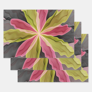 Feuille De Papier Cadeau Joy, Vert rose Anthracite Imaginaire Fleur Fractal