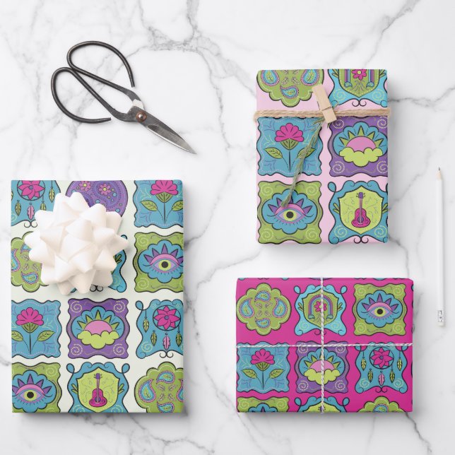 Feuille De Papier Cadeau Joyau Whimsical Tons Main dessiné Cadres Boho (Recto)
