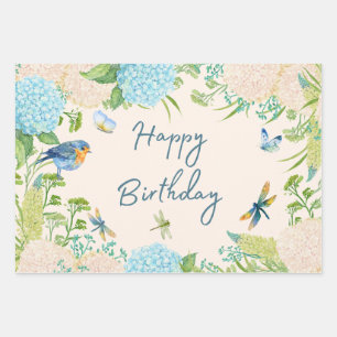 Feuille De Papier Cadeau Joyeuse aquarelle d'anniversaire Hydrangea Fleurs