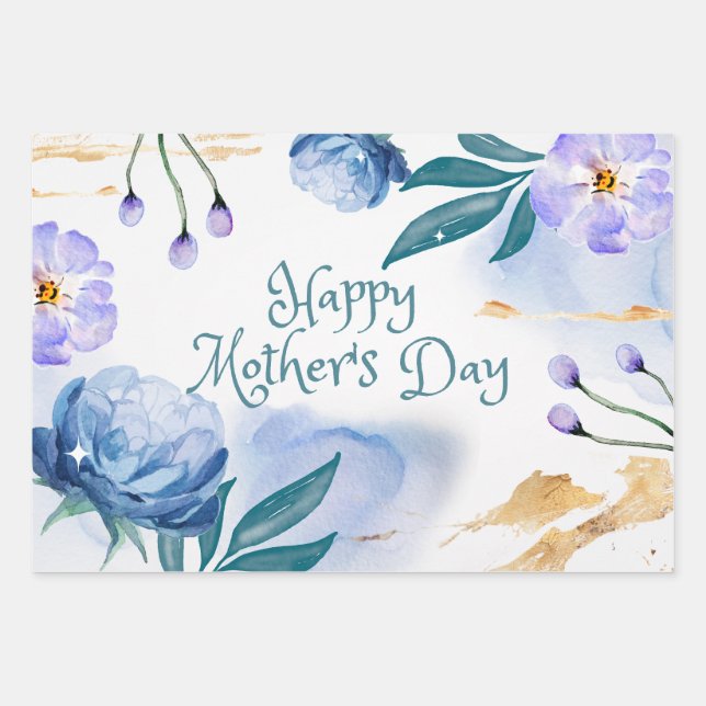 Feuille De Papier Cadeau Joyeuse Fête des Mères Aquarelle Bleu, Fleurs viol (Devant)