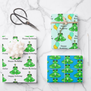 Feuille De Papier Cadeau Joyeuse grenouille d'anniversaire avec ballons