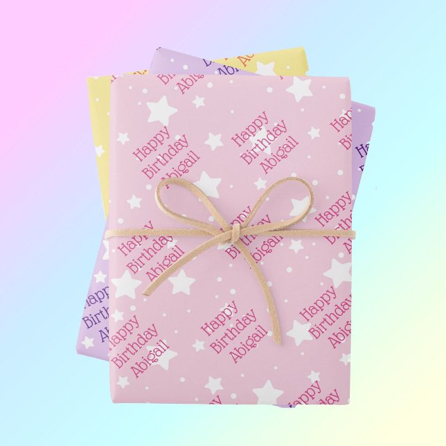 Feuille De Papier Cadeau Joyeuses Filles d'anniversaire Nom Pastel Stars 3 (Créateur téléchargé)