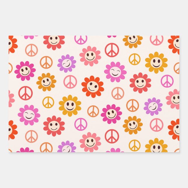 Feuille De Papier Cadeau Joyeuses Fleurs souriantes motif avec des signes d (Devant)