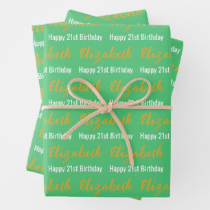 Feuille De Papier Cadeau Joyeux 21e anniversaire Gold Nom Emerald Green Whi