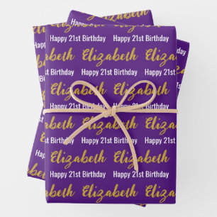Feuille De Papier Cadeau Joyeux 21e anniversaire Gold Script Nom Purple Bla
