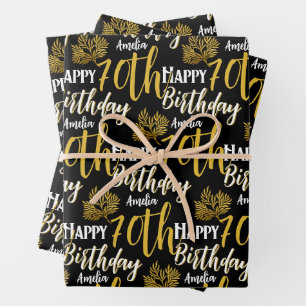 Feuille De Papier Cadeau Joyeux 70e Anniversaire Élégant Feuillage Noir Or