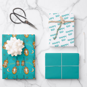 Feuille De Papier Cadeau Joyeux Aïd Moubarak Enfants Turquoise Lune Citatio