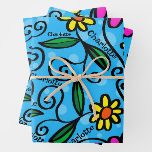 Feuille De Papier Cadeau Joyeux anniversaire Ajouter un nom Fleurs rose et 