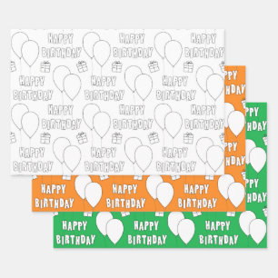 Feuille De Papier Cadeau Joyeux Anniversaire Avec Ballons Vert orange blan