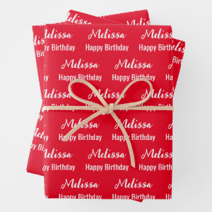 Feuille De Papier Cadeau Joyeux anniversaire Bright Red and White Name Moti