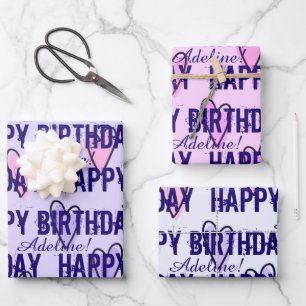 Feuille De Papier Cadeau Joyeux Anniversaire customisé Coeurs rose et viole