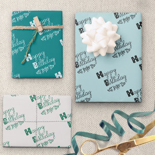 Feuille De Papier Cadeau Joyeux Anniversaire Doodle Typographie Green Set d