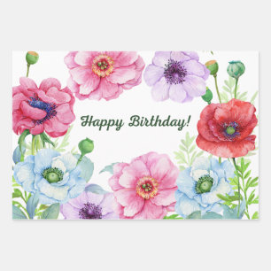 Feuille De Papier Cadeau Joyeux Anniversaire Fleurs de Pavot