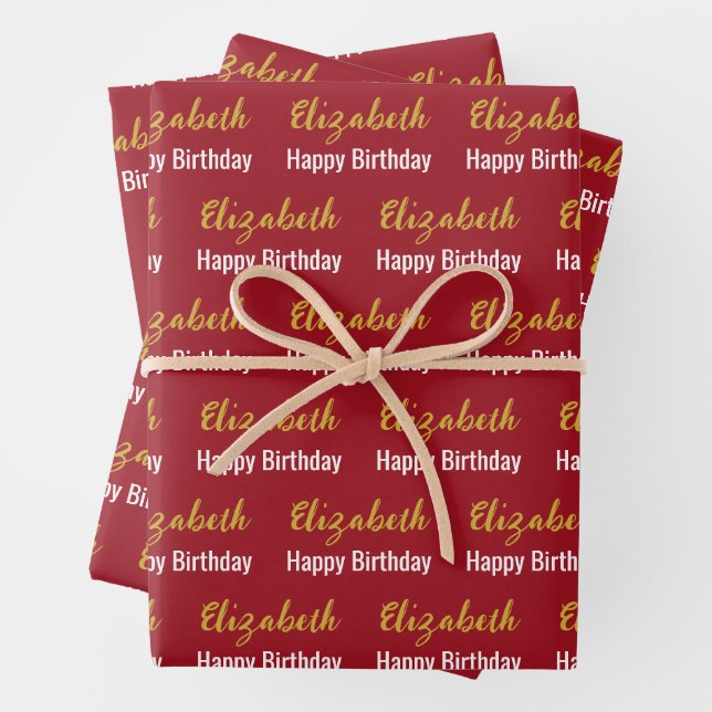 Feuille De Papier Cadeau Joyeux Anniversaire Gold Nom de script Ruby Red (En situation)