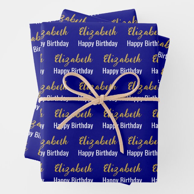 Feuille De Papier Cadeau Joyeux Anniversaire Gold Nom Script Marine Bleu &  (En situation)
