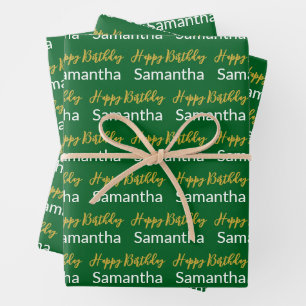 Feuille De Papier Cadeau Joyeux Anniversaire Gold Script Forest Green White