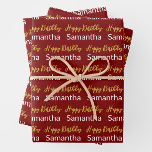 Feuille De Papier Cadeau Joyeux Anniversaire Gold Script noir rouge et blan