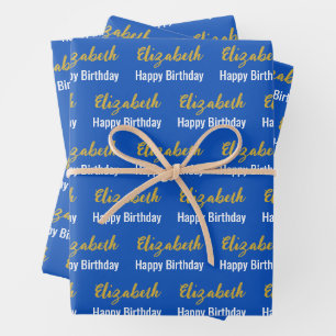 Feuille De Papier Cadeau Joyeux Anniversaire Gold Script Nom Sapphire Blue