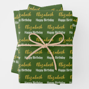 Feuille De Papier Cadeau Joyeux Anniversaire Gold Script Nom Vert foncé et 