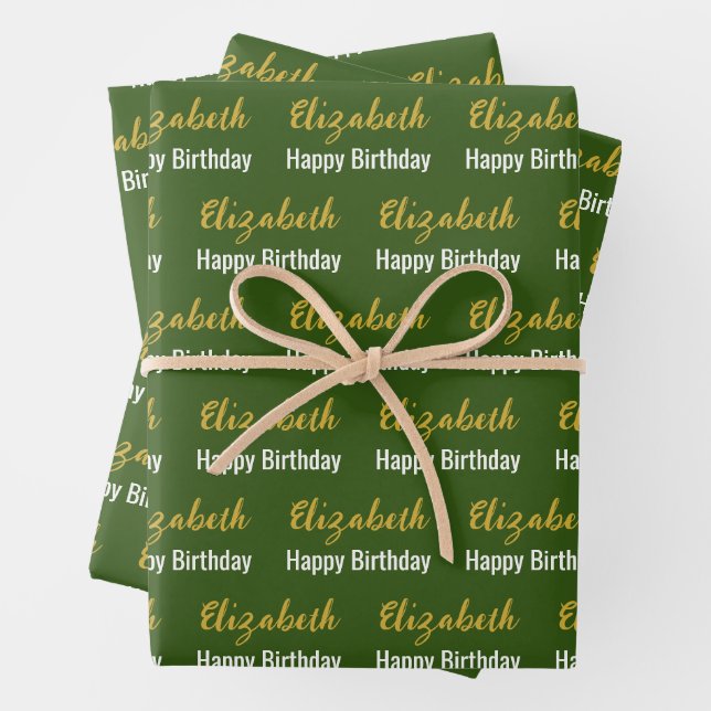 Feuille De Papier Cadeau Joyeux Anniversaire Gold Script Nom Vert foncé et  (En situation)