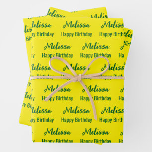 Feuille De Papier Cadeau Joyeux Anniversaire Jaune et Vert Nom Motif