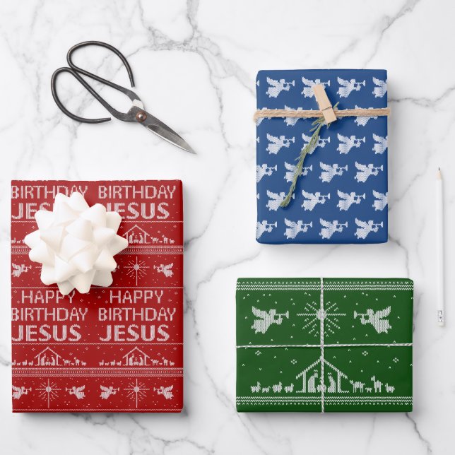 Feuille De Papier Cadeau Joyeux anniversaire Jésus Noël chrétien Nativité (Recto)