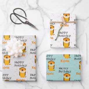 Feuille De Papier Cadeau Joyeux anniversaire joli tigre mignon nom personna
