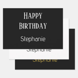 Feuille De Papier Cadeau Joyeux Anniversaire Monogramme Nom Or Noir Blanc