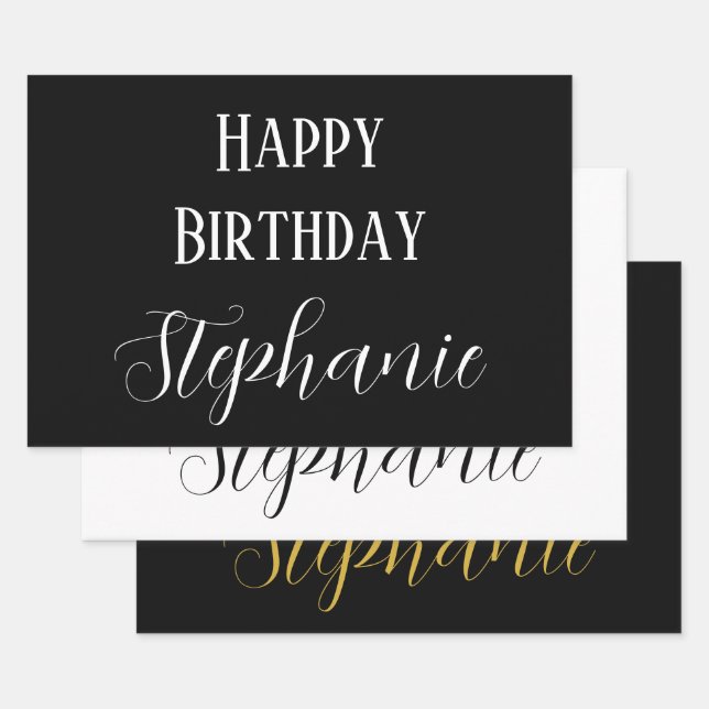 Feuille De Papier Cadeau Joyeux Anniversaire Nom Monogram Gold Black White (Lot)