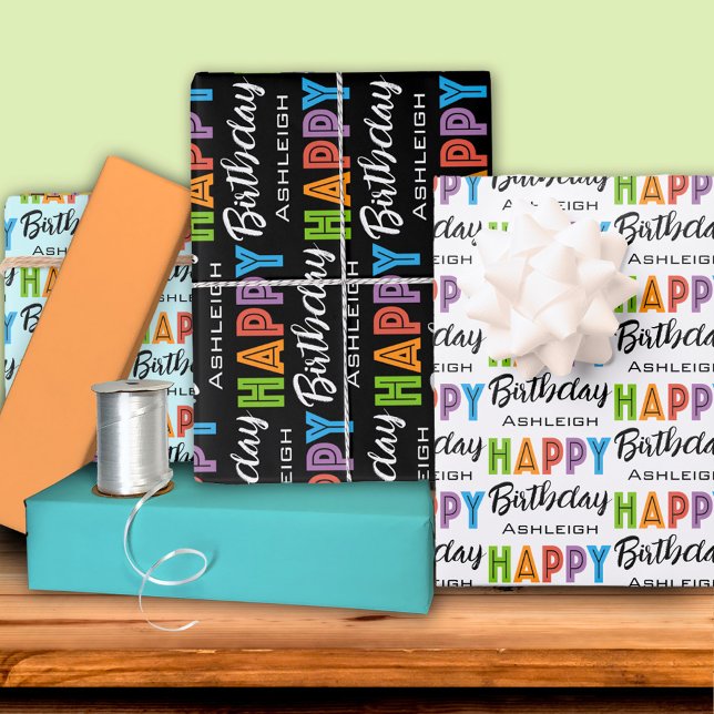 Feuille De Papier Cadeau Joyeux Anniversaire Typographie Nom personnalisé (Créateur téléchargé)