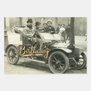 Feuille De Papier Cadeau Joyeux anniversaire Vintage vieille voiture et les