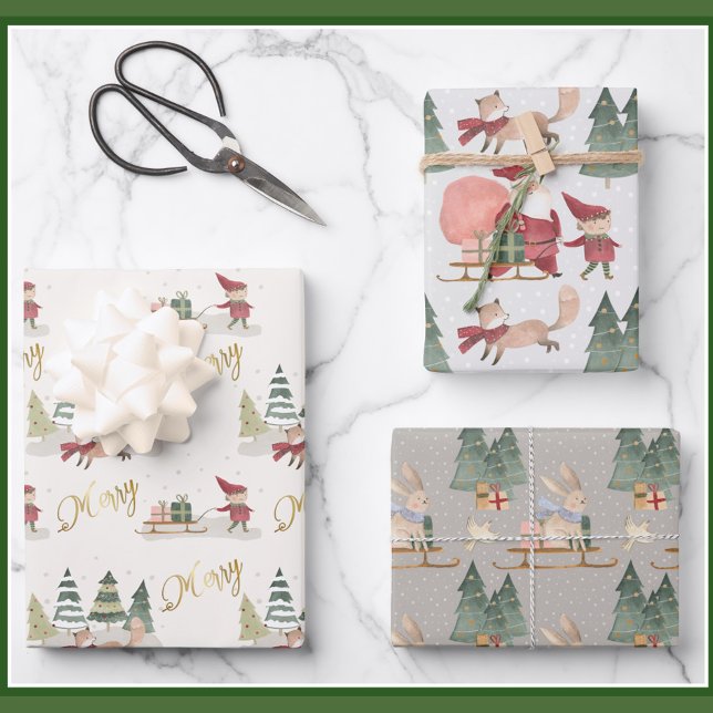 Feuille De Papier Cadeau Joyeux arbres de Noël Père Noël Sleigh Elves (Créateur téléchargé)