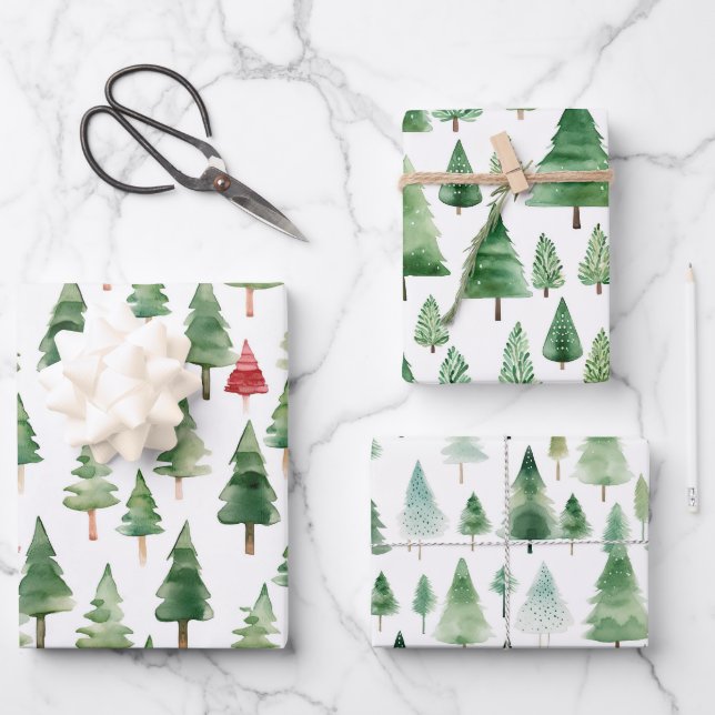 Feuille De Papier Cadeau Joyeux arbres de Noël rouges verts (Recto)