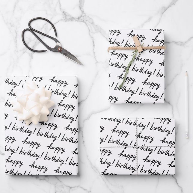 Feuille De Papier Cadeau JOYEUX BIRTHDAY Handlettering Motif noir blanc (Recto)