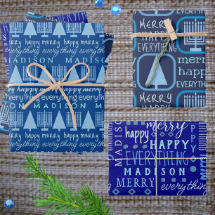 Feuille De Papier Cadeau Joyeux bleu interconfessionnel Tout ajouter Nom en