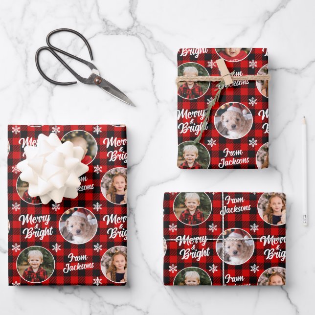 Feuille De Papier Cadeau Joyeux&Bright 4 Photos Noël Buffalo Rouge Plaid (Recto)