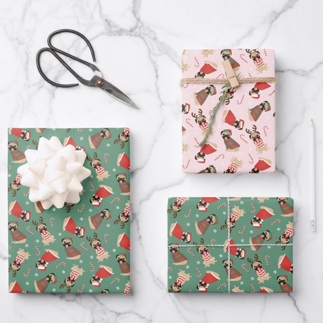 Feuille De Papier Cadeau Joyeux Chiens de Carlin Woofmas (Recto)