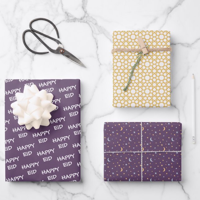 Feuille De Papier Cadeau Joyeux Eid Kids Purple Moon Star Motif Citation (Recto)